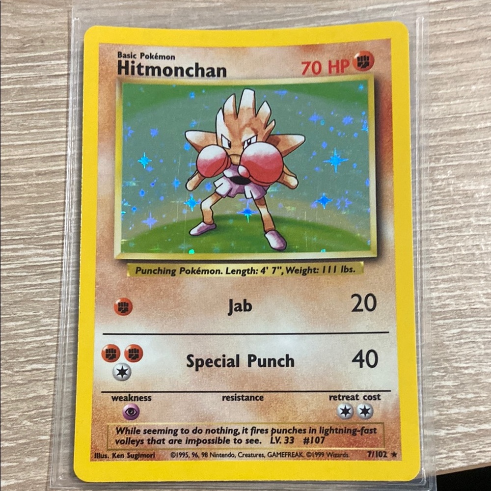 1999 Pokemon Base Set Unlimited Hitmonchan 7/102 Holo Rare Card